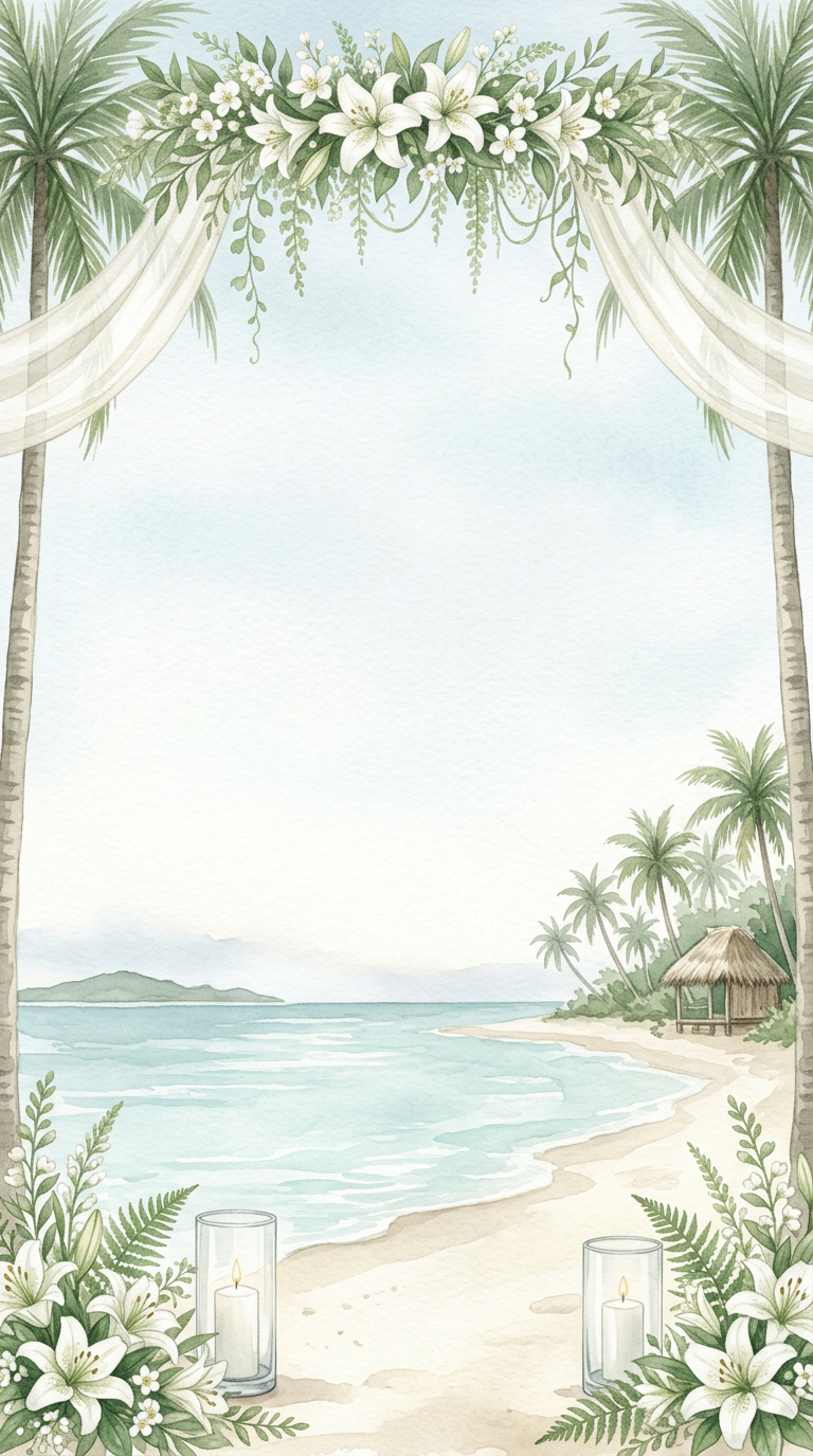 Watercolor beach ceremony framed by palms, white lilies and candle lanterns